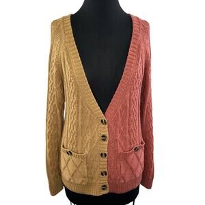 For Love & Lemons Knit Colorblock Blush Pink Tan V Neck Cardigan Pocket S Small